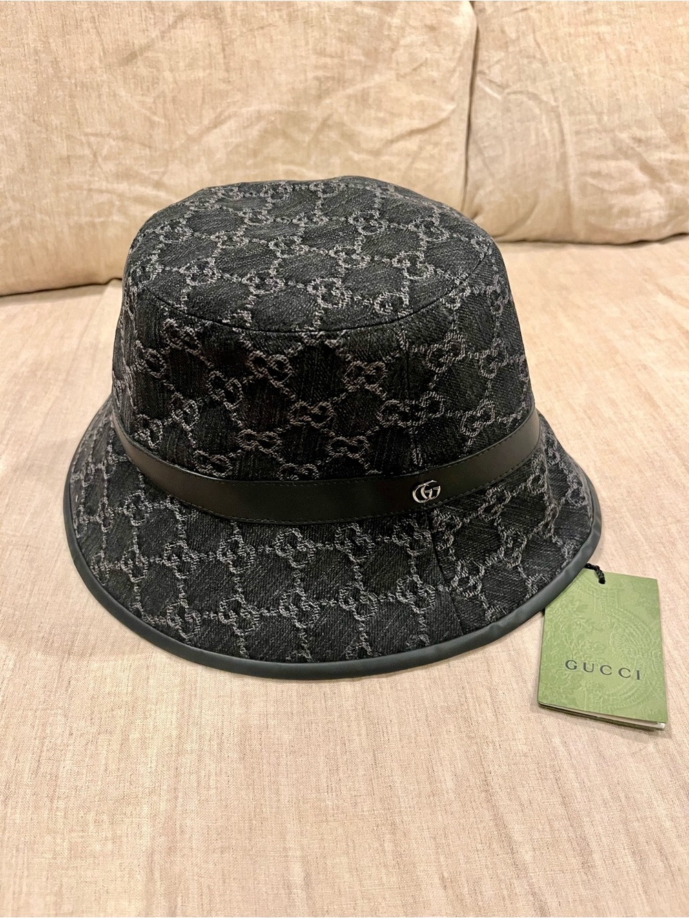 $890 Gucci Black Denim with Leather Trim GG Logo Bucket Hat